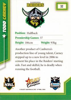 2007 Select Champions #32 Todd Carney Back